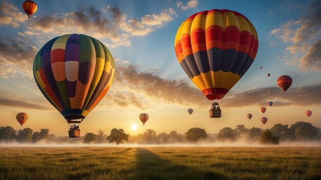 Hot air balloons rising at sunrise