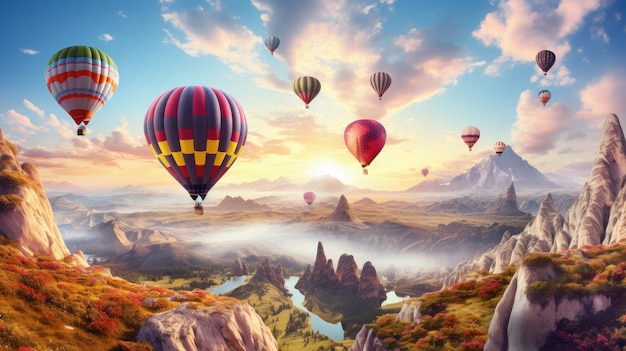 hot air balloons in the sky above a mountain river.