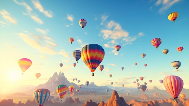 hot air balloons in the sky with mountains in the background