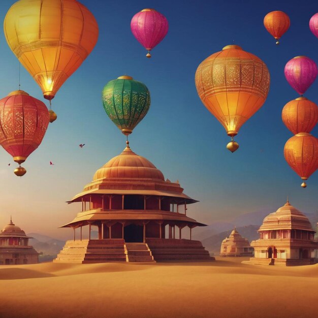 Hot air balloons soar above a desert landscape showcasing vibrant colors against the vast expanse