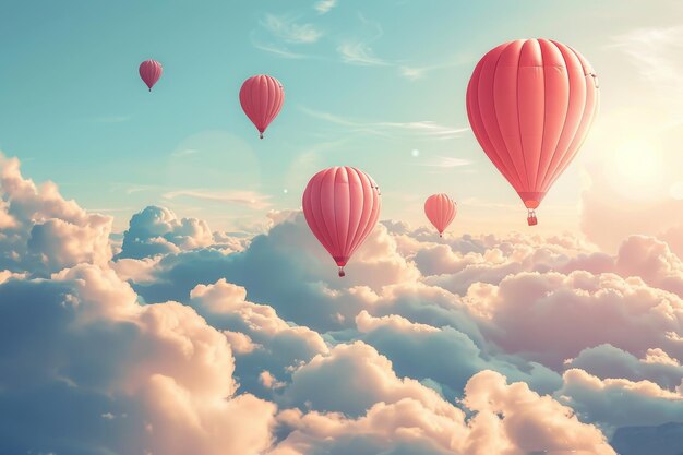 Hot air balloons soaring above clouds at sunset