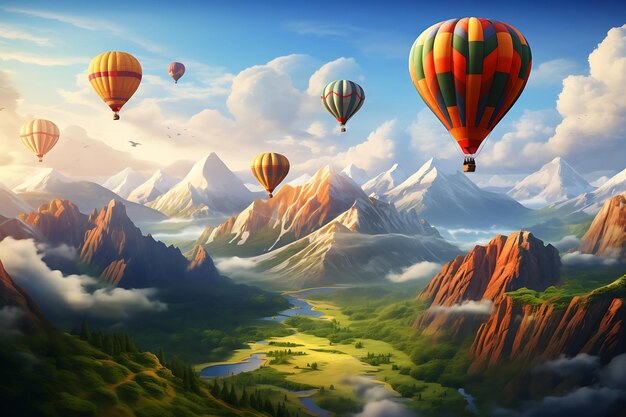 Горячие воздушные шары, летящие над горной местностью