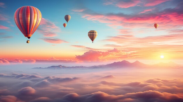 Hot air balloons at sunrise distant horizon with text space