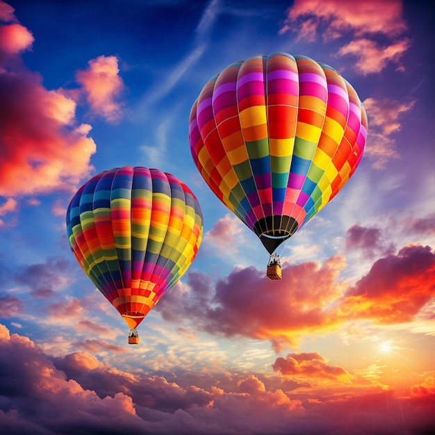 写真 ロマンチックな雰囲気のマット写真のカラフルなメビウスのスタイルで青空に上がる熱気球