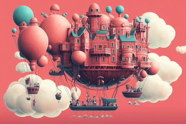 Hot air balloons with fairy tale castles in the sky 3d illustration generative AI