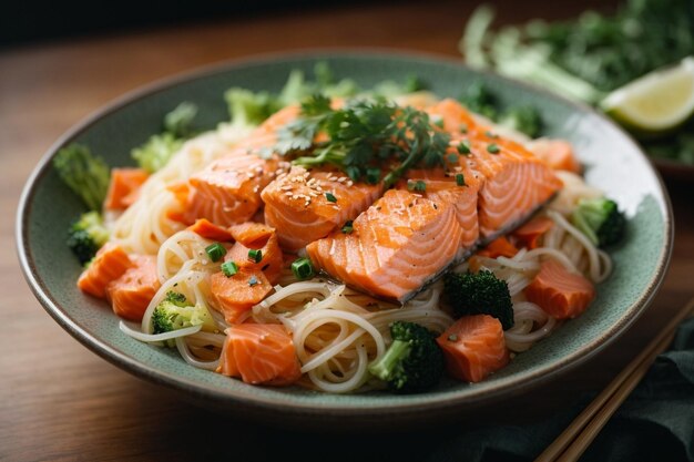 Hot asian cellophane noodles with vegetables and salmon ar c
