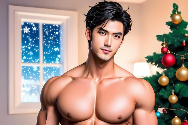 Hot asian man in front of christmas tree merry christmas