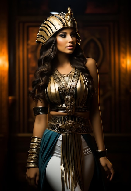 Foto modella di moda attraente in abiti reali della regina egiziana cleopatra