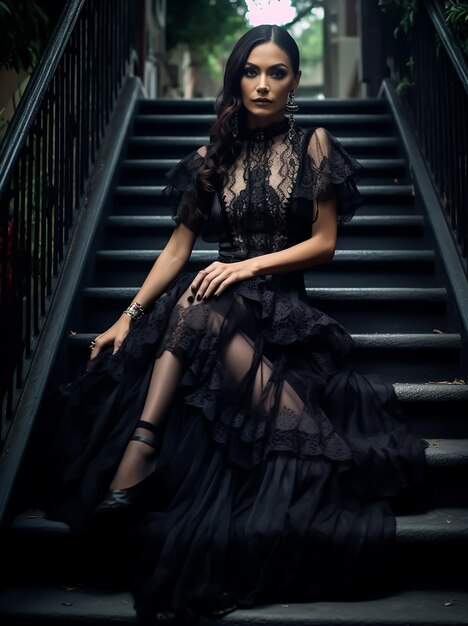 hot attractive fashion model in tulle out fit trendy fashion dress black