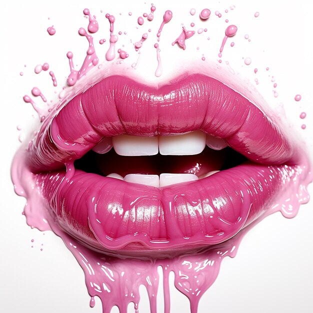 A Hot barbie pink glossy glittery sparkly pouty lips puckered into a kiss heart dripping