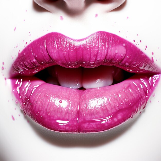 A Hot barbie pink glossy glittery sparkly pouty lips puckered into a kiss heart dripping