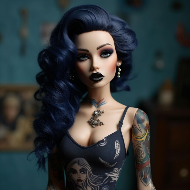 Barbie emo com tatuagens e cabelo azul vívido