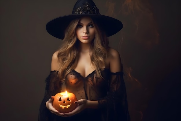 hot beautiful girl witch holds a jack o lantern in its arms