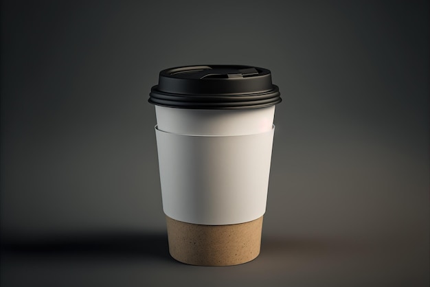 Фото Одноразовая белая бумажная кофейная чашка для горячего напитка с черной купольной крышкой и шаблоном изображения рукава из крафт-бумаги