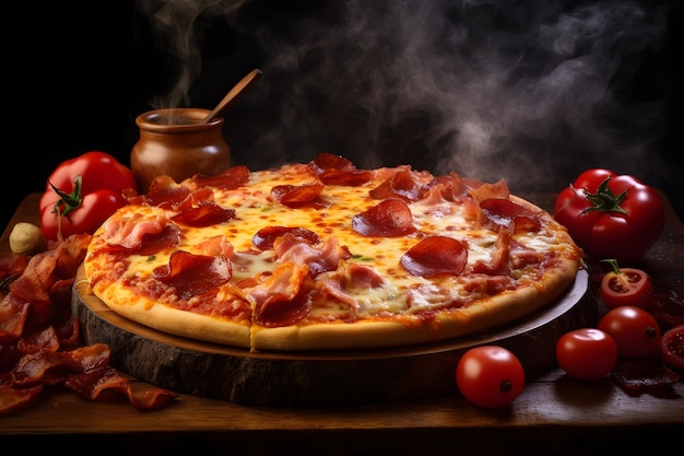 Hot big pepperoni pizza with steam Neural network generated in May 2023
