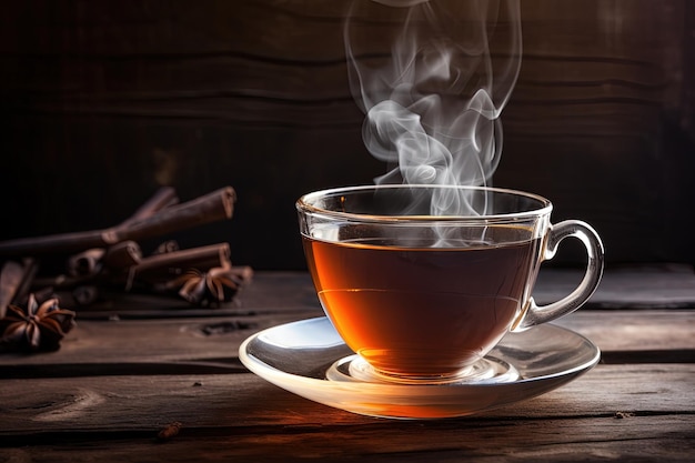 Hot black tea in a cup on a rustic background