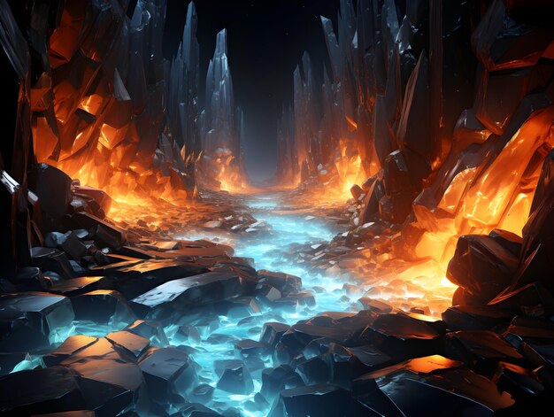 hot blue flames on the surface of crumbling rocks in the style of conceptual digital art