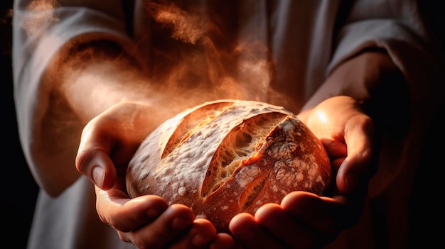 Hot bread in the hands of a male baker Generative AI