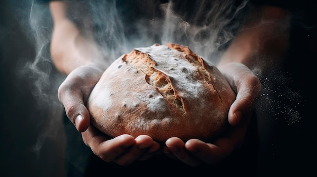 Hot bread in the hands of a male baker Generative AI