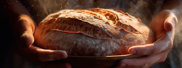 Hot bread in the hands of a male baker Generative AI