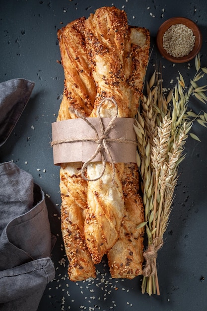 Hot bread sticks baked with sesame seeds