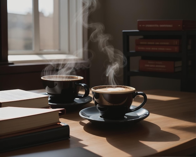 Горячий кофе с книгами на столе