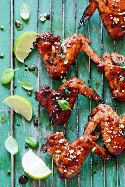 Foto ali di pollo calde di bufalo con salsa di soia condite con cipolle verdi e lime. snack appetitoso. piatto tradizionale americano. bbq