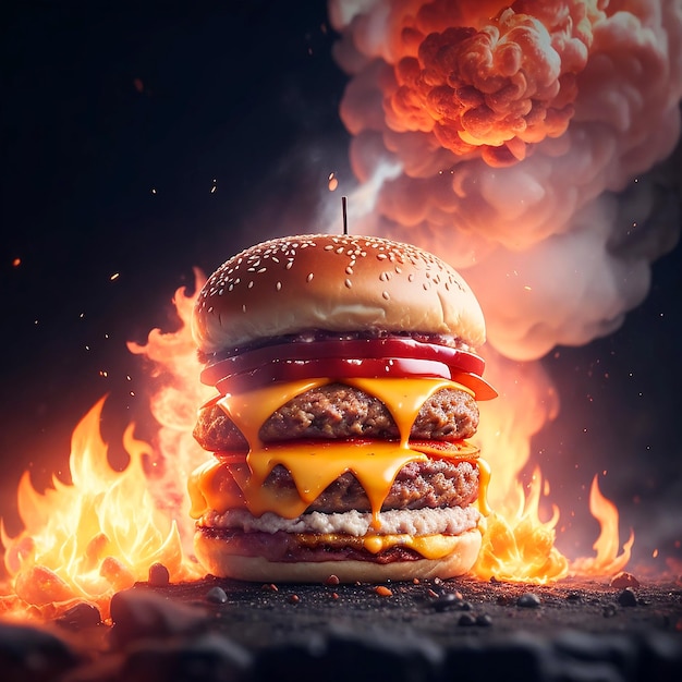 hot burger and hot cheesy beef burger in fire flames generated by ai