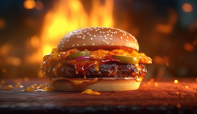 a hot burger with flame on it