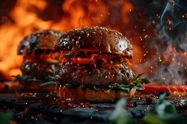 Photo hot burgers on fire