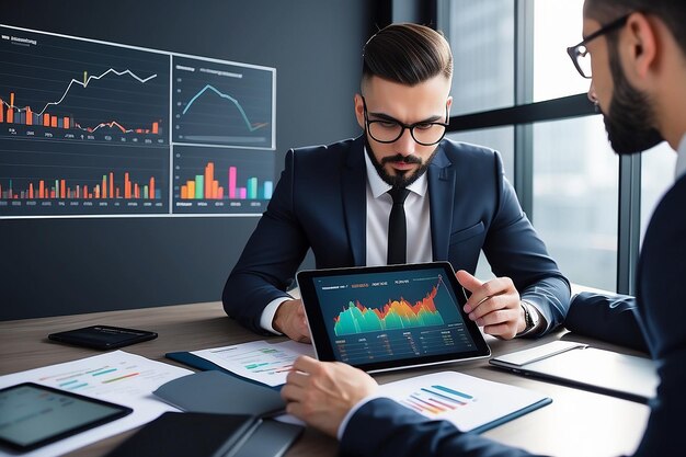 Hot business groei zakenman met behulp van tablet het analyseren van verkoopgegevens en economische groei grafiek grafiek