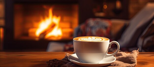 Hot cappuccino near fireplace in cozy room