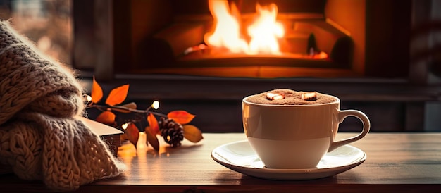 Foto cappuccino caldo vicino al camino in una stanza accogliente