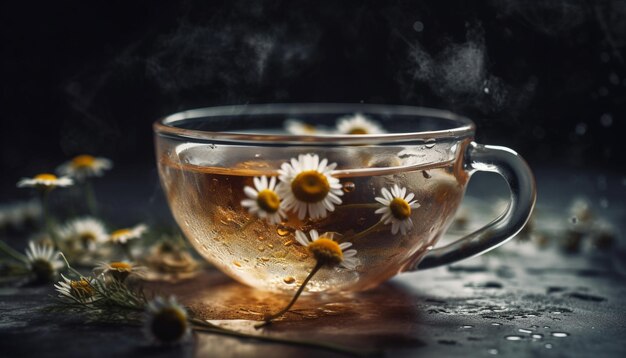 Hot chamomile tea in rustic wooden mug generated by AI