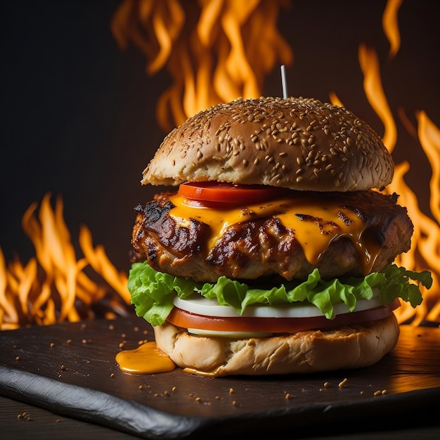 Hot cheesy burger in fire flames smash burger with fire background Hot cheesy beef burger in fire