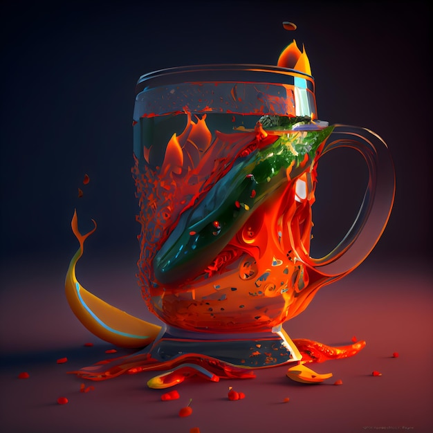 Hot chili pepper in a glass cup on a dark background 3d illustration