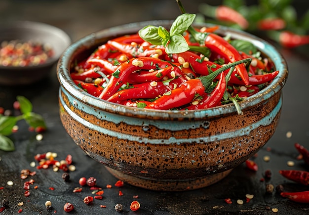 Photo hot chili peppers in bowl