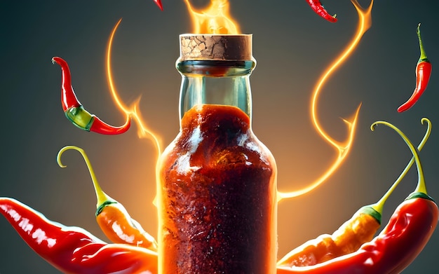 Foto salsa di peperoncino piccante in una bottiglia di vetro