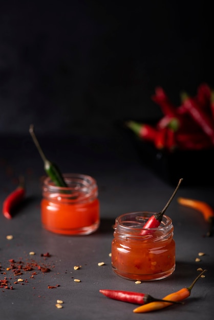 Hot chili saus in kleine potjes