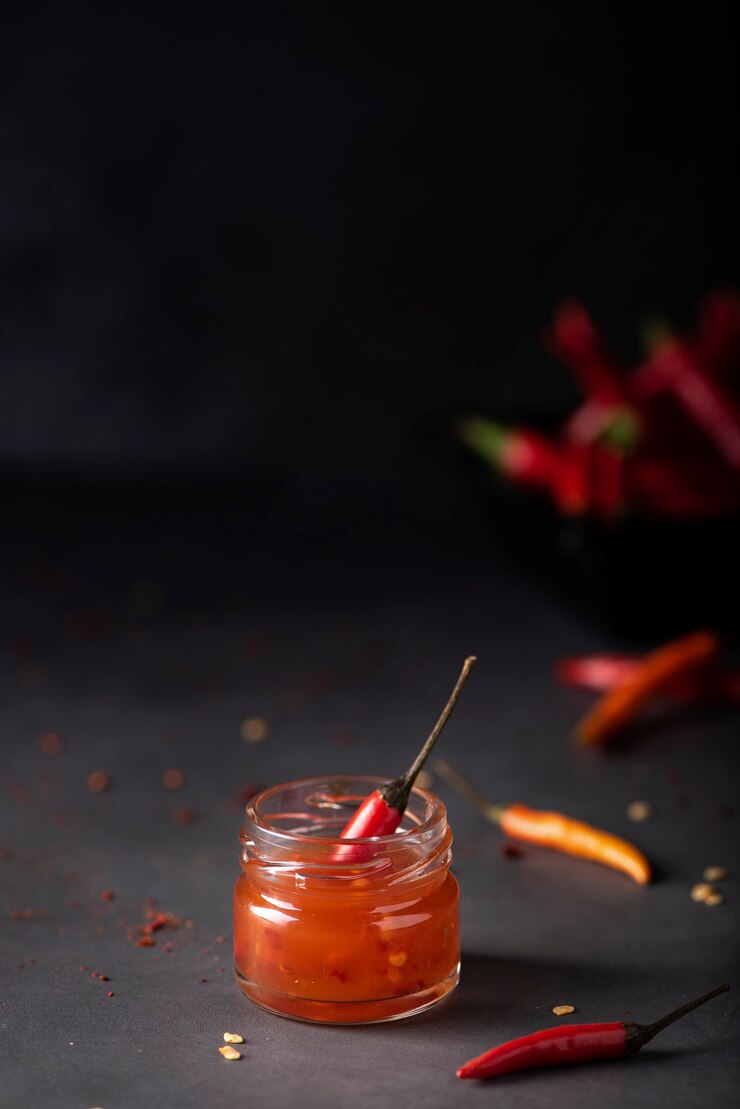 Hot chili saus in kleine potjes