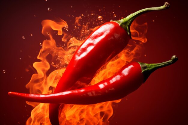 Hot chilli pepper in burning flames on red background Generative AI illustration