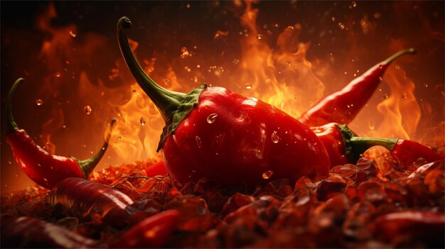 Photo hot chilli peppers on a fire background 3d rendering