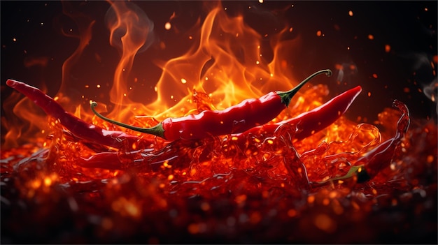 Photo hot chilli peppers on a fire background 3d rendering