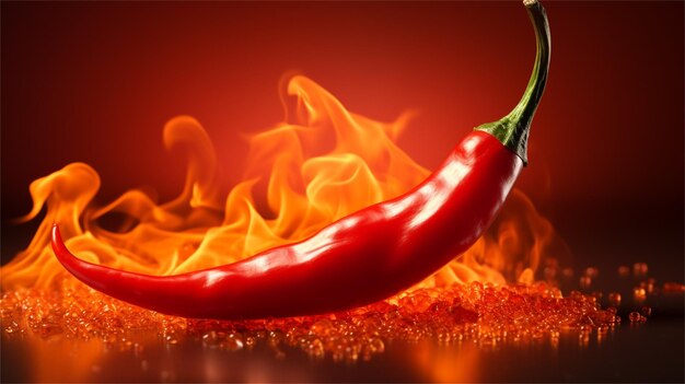 Hot chilli peppers on fire background with copy space close up