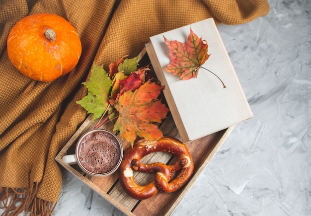 Hot Chocolate Autumn Time Bakery Pretzel Blanket Yellow Leaves Gray Background