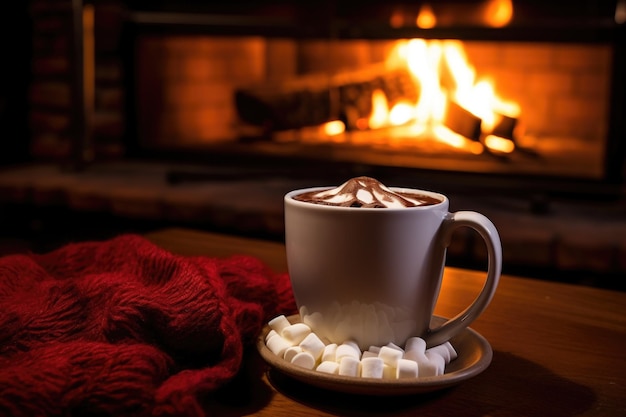 Foto cioccolato caldo accanto a un camino nessuna fiamma visibile creato con ai generativo