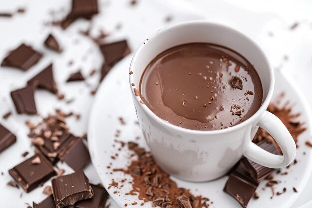 Foto cioccolato caldo e pezzi di cioccolato isolati su sfondo bianco