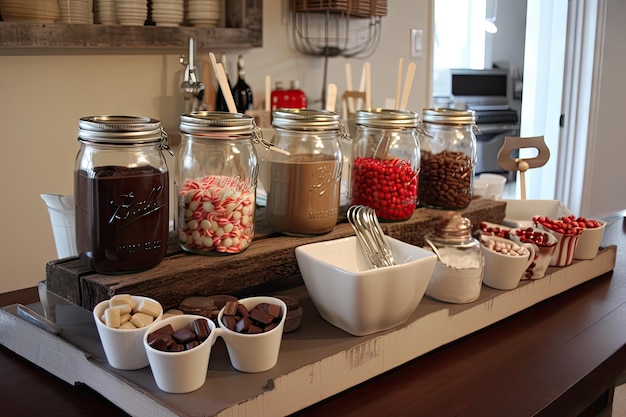 Hot chocolate and cocoa bar with options for mixins and toppings