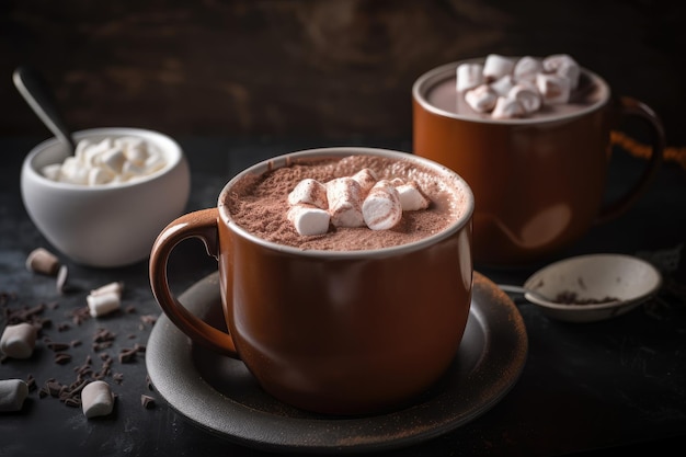 Hot chocolate and cocoa mug filled with thick and creamy hot chocolate created with generative ai