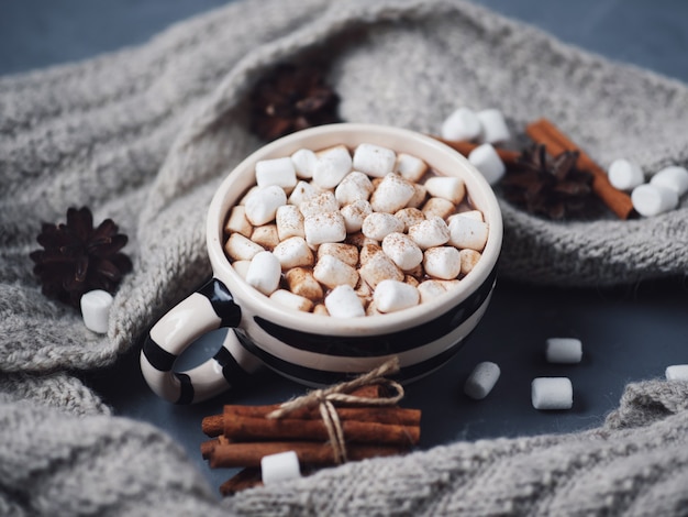 Hot chocolate or cocoa with marshmallows in a cinnamon mug. Warm knitted scarf